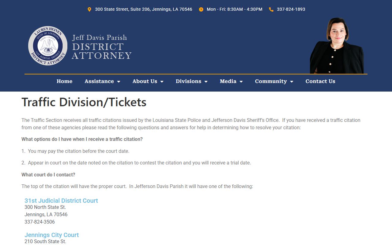 Jefferson Davis Parish court dockets DA traffic ticket page