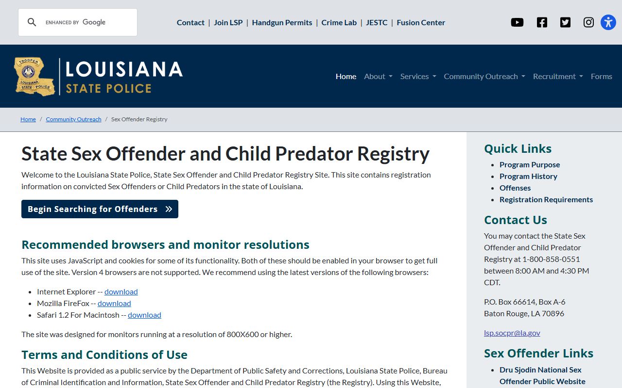 Jefferson Davis Parish court records Louisiana State Police registry page